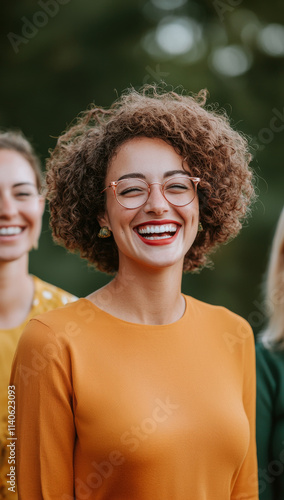 Joyful women laughing gether in vibrant outdoor setting photo