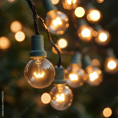 Warm glow of outdoor string lights illuminating a dark setting for evening ga...