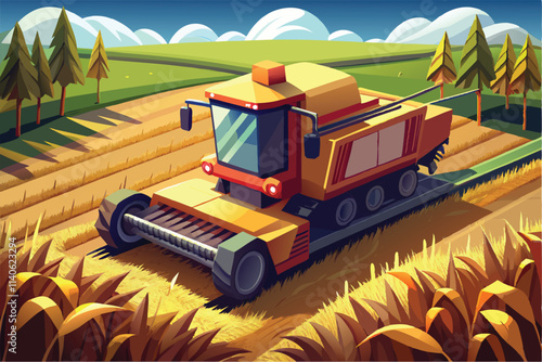 Colorful vector illustration of a combine harvester in a vibrant farming landscape during sunny weather