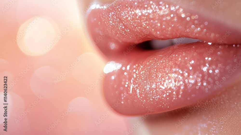 Fototapeta premium A close-up photograph of soft, dewy lips with a natural peach tone, subtle hydration beads visible, sharp focus on the texture, with a blurred pastel background, illuminated by gentle,