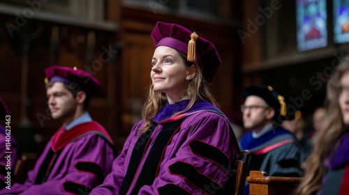 Graduation ceremony featuring young women in caps and gowns during the early ...