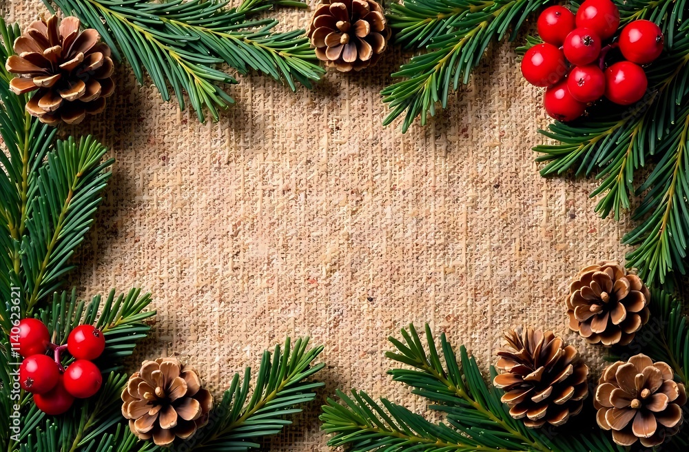Christmas elements frame a rustic burlap background featuring Christmas trees, branches and red berries, creating a warm, festive atmosphere perfect for holiday cards Christmas elements frame a rustic burlap background featuring Christmas trees, branches and red berries, creating a warm, festive atmosphere perfect for holiday cards