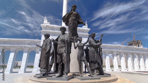 View of the Kazakh Eli Monument timelapse hyperlapse on Independence Square in Astana, the capital of Kazakhstan. #1140623674