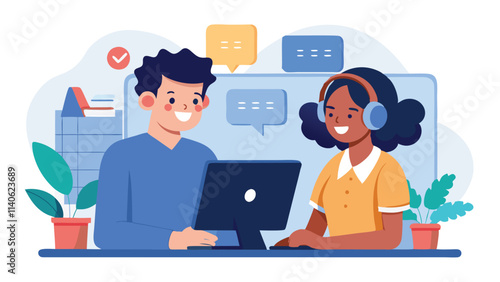 Conversation between two professionals in a modern office, showcasing teamwork and communication with digital tools