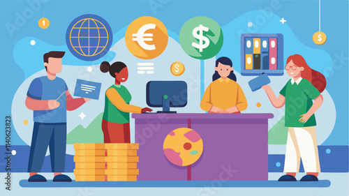 Business transaction at an international currency exchange involving diverse individuals and global currency symbols