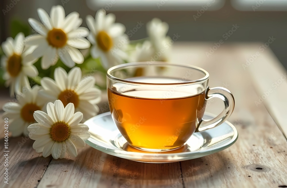 Arrangement featuring hot chamomile tea on a light wooden table Arrangement featuring hot chamomile tea on a light wooden table