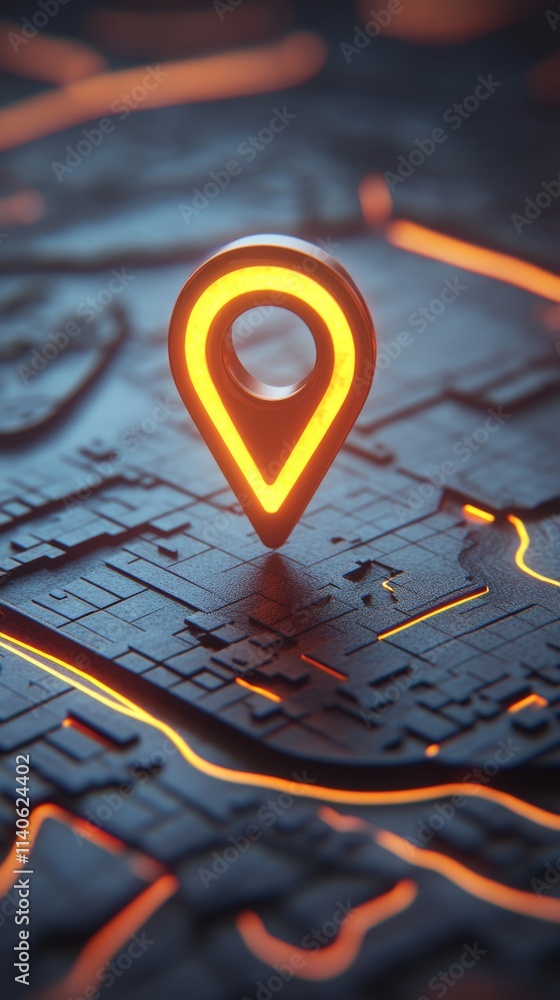 Glowing location pin showing position on futuristic map Glowing location pin showing position on futuristic map