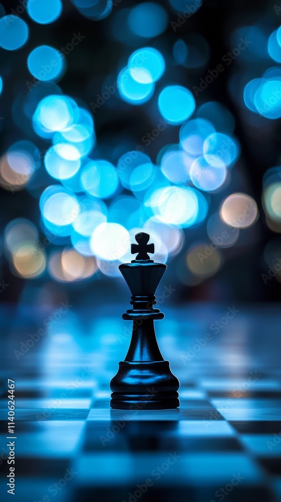 Black king chess piece standing on chessboard with blue bokeh lights Black king chess piece standing on chessboard with blue bokeh lights