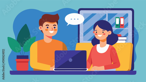Two people engaging in a virtual conversation on a laptop with chat bubbles, plants, and a friendly atmosphere