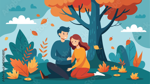 Couple enjoying autumn amidst colorful foliage in a tranquil park setting