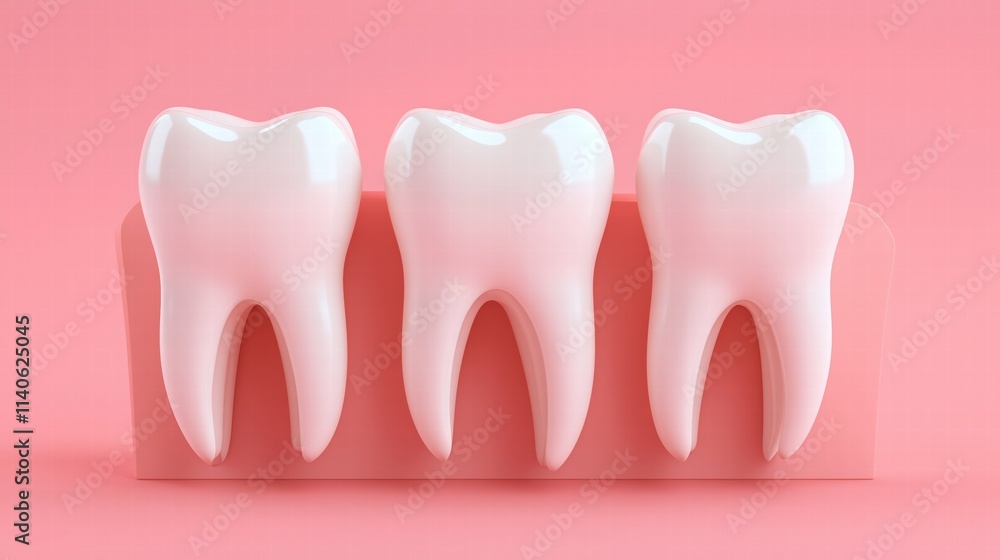 Three white teeth on a pink gum model over a pink background. Concept of dental health. Three white teeth on a pink gum model over a pink background. Concept of dental health.