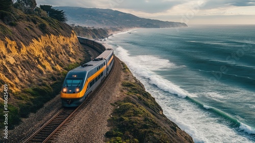 A high-speed train traveling along a coastal route, with waves crashing below and passengers enjoying breathtaking ocean views