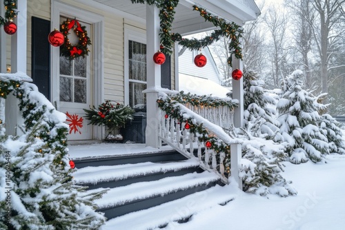 Cozy winter cabin decorated for the holidays in a snowy landscape