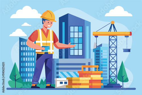 Construction worker celebrating achievement with tools and buildings in urban environment featuring vibrant colors