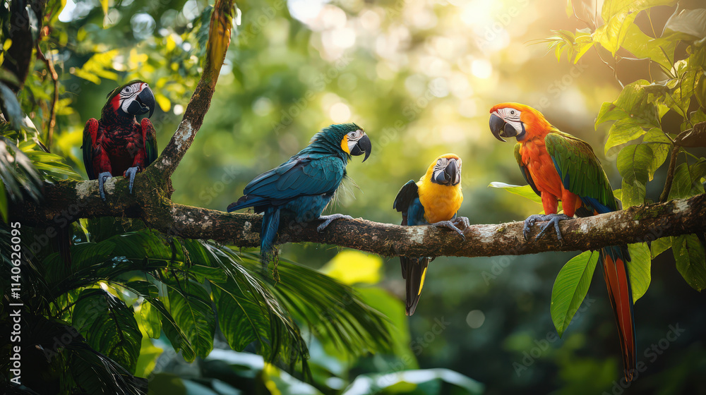 Obraz premium Vibrant macaws perched on rainforest branch, basking in sunlight scene of serene beauty and natural wonder