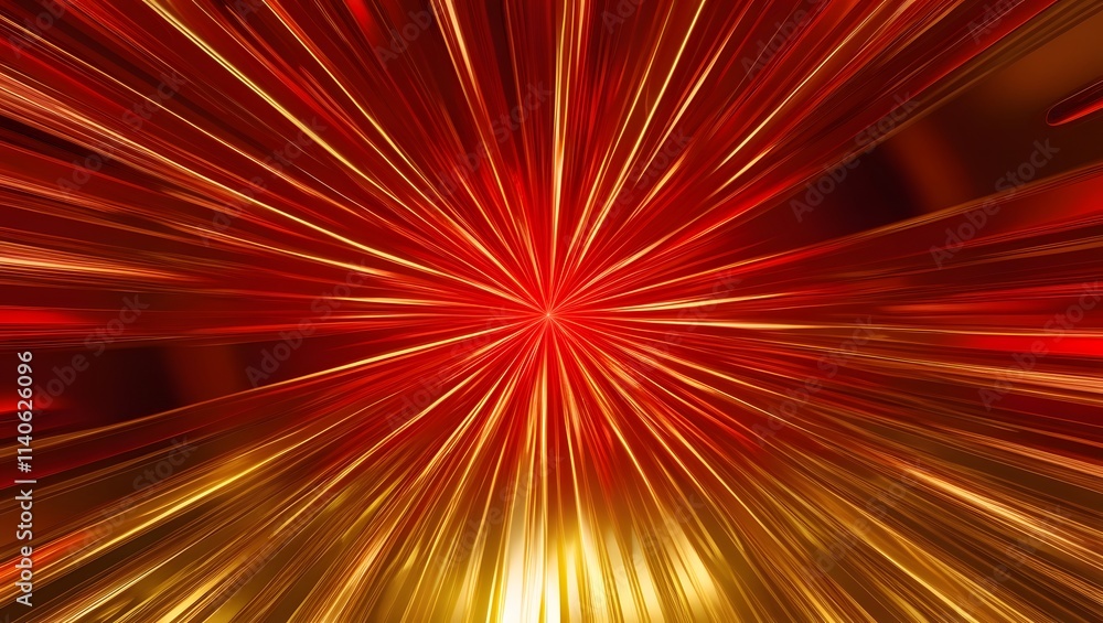 Red gold shiny radial rays abstract background, vibrant dynamic light streaks burst