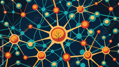 Colorful abstract vector representation of a network of interconnected cells or molecules on a dark background