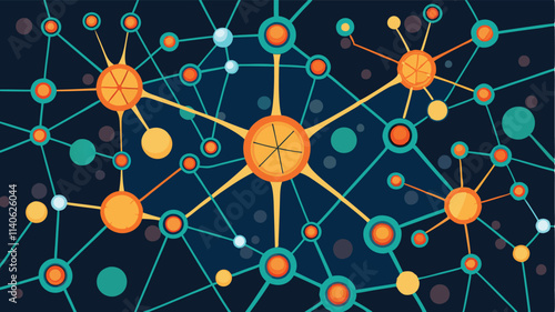 Colorful abstract vector representation of a network of interconnected cells or molecules on a dark background
