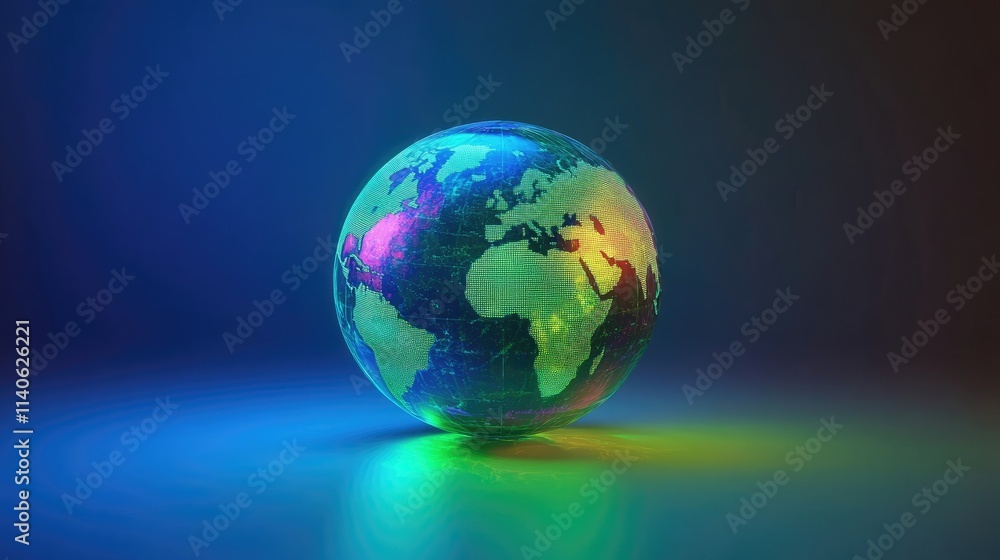 A 3D holographic globe with visible trade routes, vibrant lighting effects in neon blue and green, advanced technology depiction, clean background A 3D holographic globe with visible trade routes, vibrant lighting effects in neon blue and green, advanced technology depiction, clean background