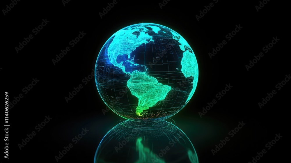 A 3D holographic globe with visible trade routes, vibrant lighting effects in neon blue and green, advanced technology depiction, clean background A 3D holographic globe with visible trade routes, vibrant lighting effects in neon blue and green, advanced technology depiction, clean background