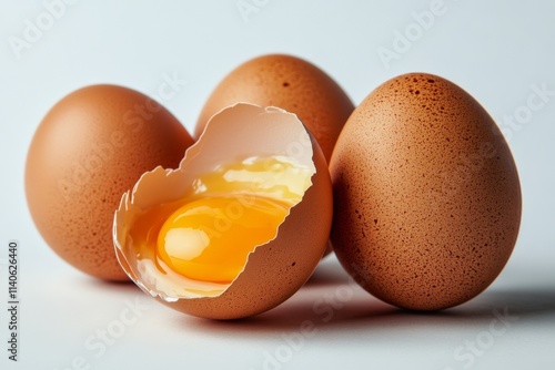 Brown eggs with one cracked open exposing a bright yolk and white on a clean ...