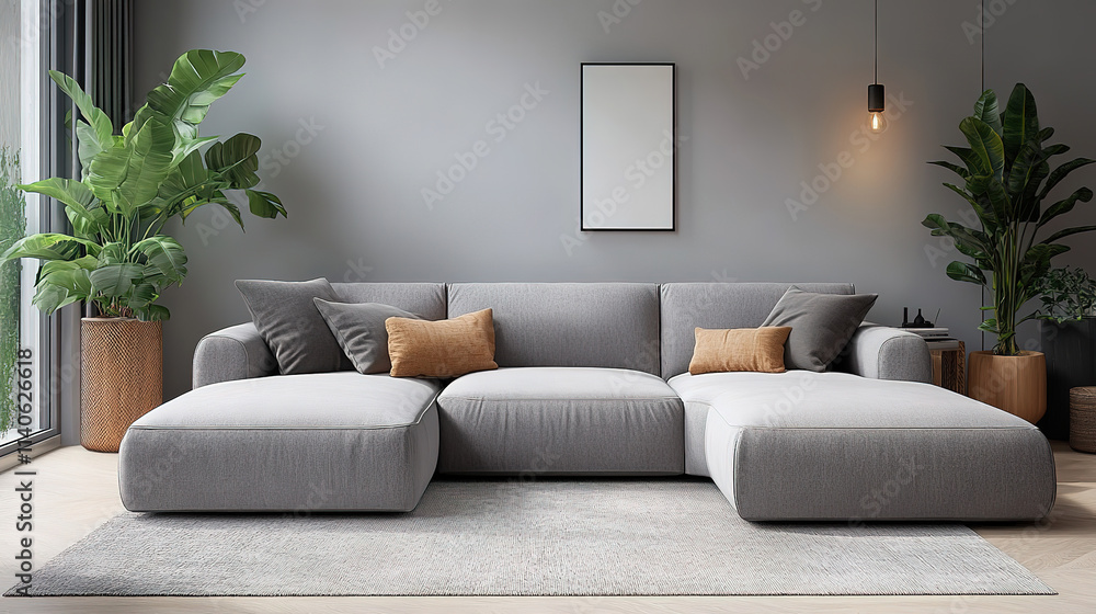Fototapeta premium Stylish Grey Corner Sofa in Scandinavian-Inspired Modern Living Room Design