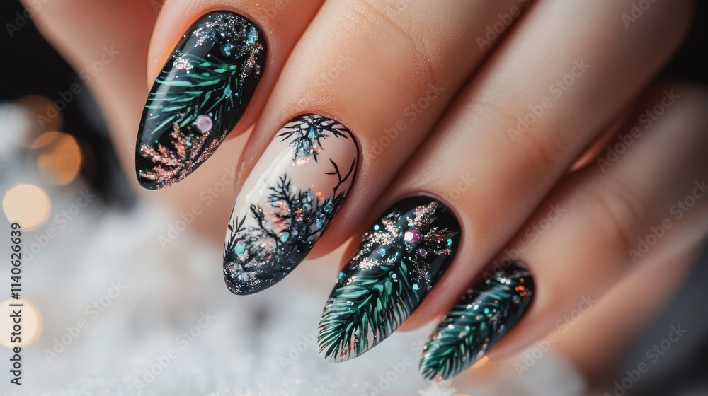 Close-up of winter-themed nail art with pine branches, glitter, and snowflake designs Close-up of winter-themed nail art with pine branches, glitter, and snowflake designs