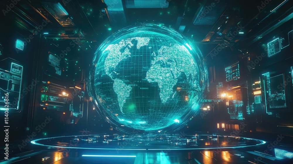 A 3D holographic globe with visible trade routes, vibrant lighting effects in neon blue and green, advanced technology depiction, clean background A 3D holographic globe with visible trade routes, vibrant lighting effects in neon blue and green, advanced technology depiction, clean background