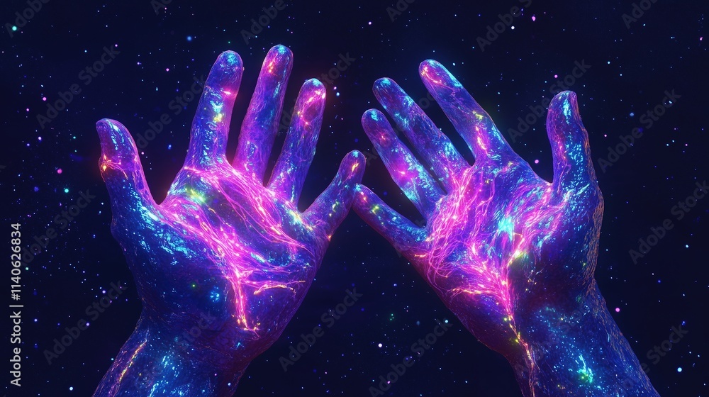 Futuristic glowing hands with neon veins and galaxy background, abstract space concept Futuristic glowing hands with neon veins and galaxy background, abstract space concept
