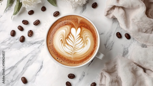 Delicious coffee with heart latte art surrounded by roasted coffee beans