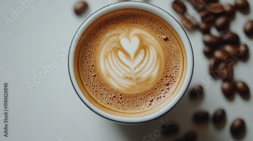 Delicious coffee with heart latte art surrounded by roasted coffee beans