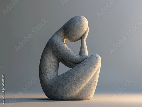 A gray stone sculpture in a seated position with hands to its face. photo