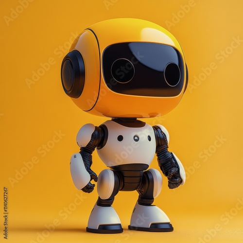 Cute small robot with a round head and glowing features stands on a white bac...