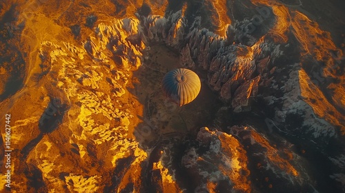 Hot air balloon soaring over rocky terrain during sunrise in a breathtaking l...