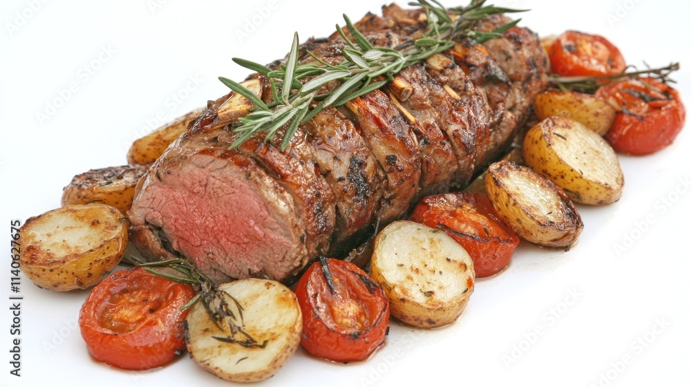 Roasted beef tenderloin with roasted potatoes and tomatoes. Roasted beef tenderloin with roasted potatoes and tomatoes.