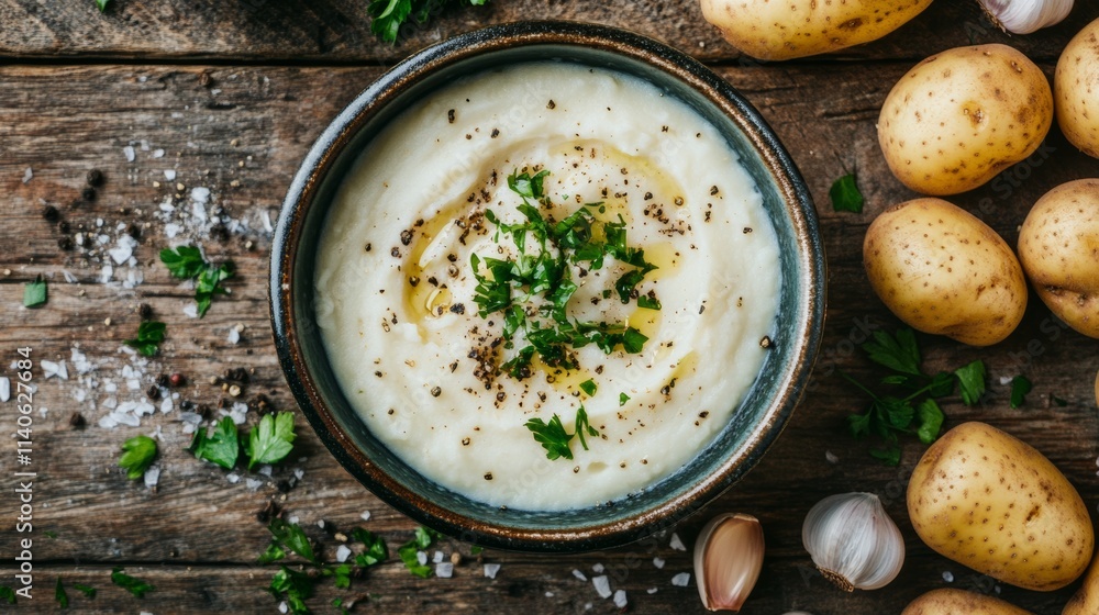 Creamy mashed potatoes garnished with herbs Creamy mashed potatoes garnished with herbs