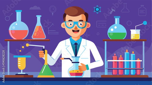 Scientist conducting experiments in a laboratory with various glassware and colorful liquids in a vector design