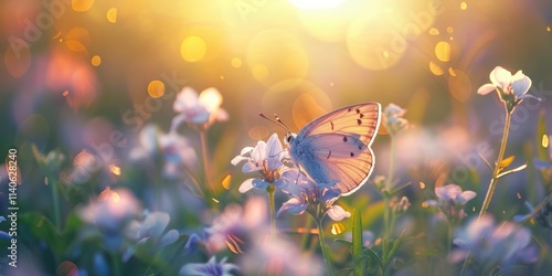 Wallpaper Mural delicate butterfly rests on blooming flowers illuminated by warm sunlight creating a serene and enchanting garden scene. Torontodigital.ca