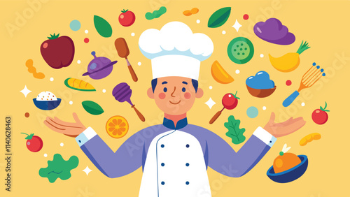 Creative chef surrounded by colorful ingredients and cooking tools in a vibrant kitchen setting during a lively culinary session