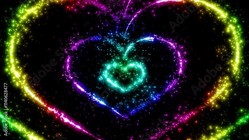 ハート型の軌跡を描く光のパーティクル ループ背景 虹色