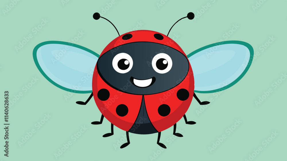 Cute and cheerful cartoon ladybug with bright colors and a friendly expression on a light green background Cute and cheerful cartoon ladybug with bright colors and a friendly expression on a light green background