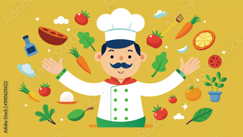Creative chef surrounded by colorful ingredients and cooking tools in a vibrant kitchen setting during a lively culinary session