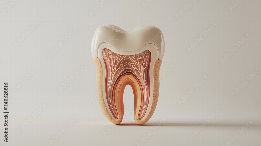 Detailed cross-section of a human tooth with roots and enamel. Dental education and anatomy Detailed cross-section of a human tooth with roots and enamel. Dental education and anatomy