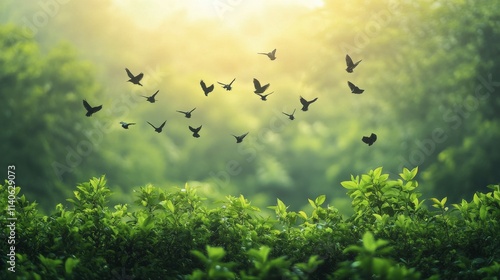 Majestic golden birds soaring over lush green mountains in a misty landscape ...
