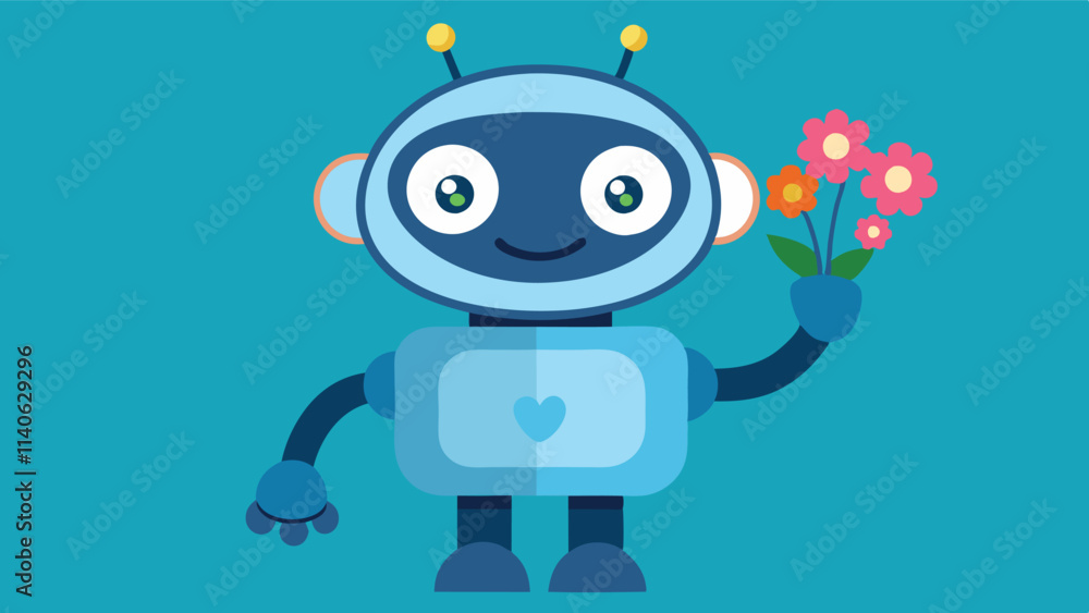 Cheerful robot holding flowers and hearts in a bright blue background, representing love and friendship in a modern, playful design Cheerful robot holding flowers and hearts in a bright blue background, representing love and friendship in a modern, playful design