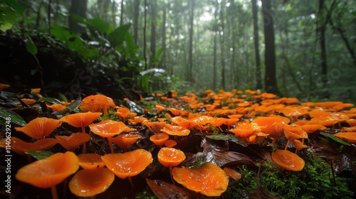 Vibrant orange mushrooms blanket the forest floor in a lush green environment