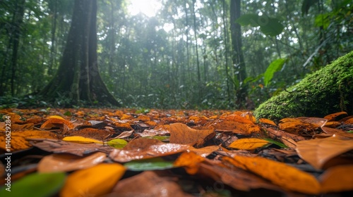 Vibrant orange mushrooms blanket the forest floor in a lush green environment