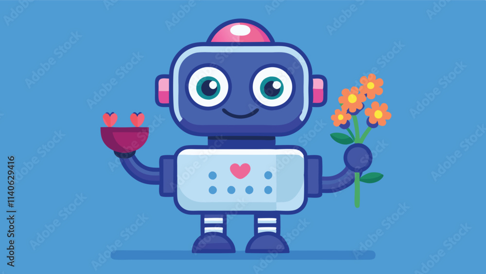 Cheerful robot holding flowers and hearts in a bright blue background, representing love and friendship in a modern, playful design Cheerful robot holding flowers and hearts in a bright blue background, representing love and friendship in a modern, playful design