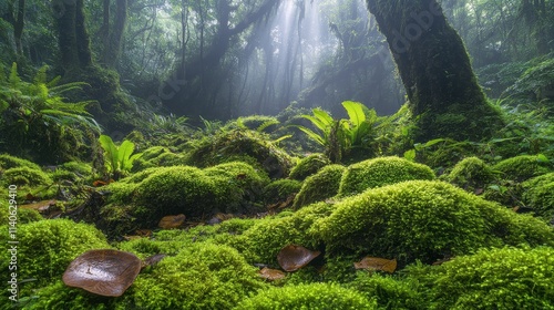 Vibrant orange mushrooms blanket the forest floor in a lush green environment