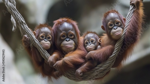 Three playful orangutans swinging on ropes in a lush forest setting during da...